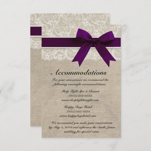 Ivory Lace en Burlap Watch Plum Accommododatie Car Informatiekaartje (Voorkant / Achterkant)