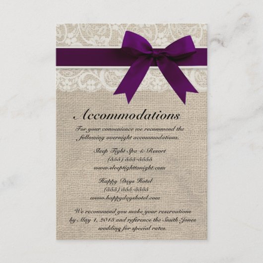 Ivory Lace en Burlap Watch Plum Accommododatie Car Informatiekaartje (Voorkant)