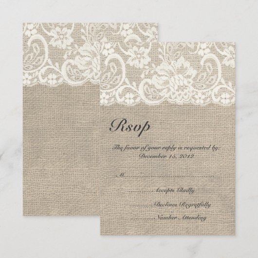 Ivory Lace en Burlap Wedding RSVP-kaart RSVP Kaartje (Voorkant / Achterkant)