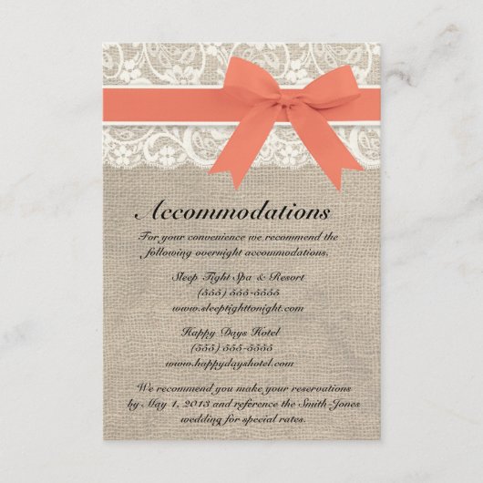 Ivory Lace en BurlapCoral-accommodatiekaart Informatiekaartje (Voorkant)
