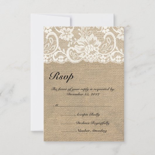 Ivory Lace en Warm Burlap Wedding RSVP-kaart RSVP Kaartje (Voorkant)