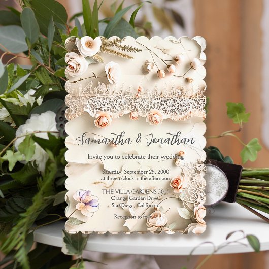Ivory Lace Floral Photo Romantic Spring Wedding Kaart