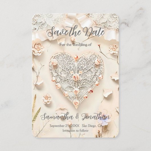 Ivory Lace Heart Floral Romantic Spring Softly Save The Date (Voorkant)