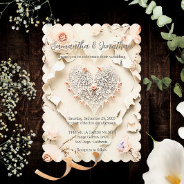 Ivory Lace Heart Floral Romantic Spring Wedding Kaart