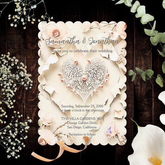 Ivory Lace Heart Floral Romantic Spring Wedding Kaart