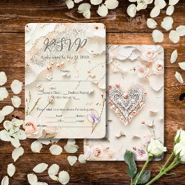 Ivory Lace Heart Floral Romantic Spring Wedding RSVP Kaartje