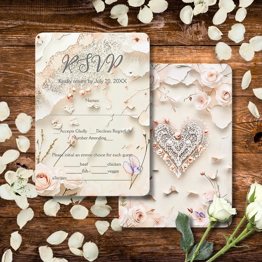 Ivory Lace Heart Floral Romantic Spring Wedding RSVP Kaartje