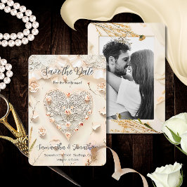 Ivory Lace Heart Photo Floral Romantic Spring Save The Date