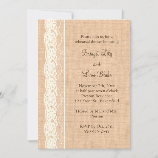 Ivory Lace & Light Burlap Rehearsal Dinner Kaart (Voorkant)