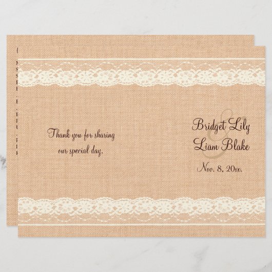 Ivory Lace & Light Burlap Wedding Programme (Voorkant / Achterkant)