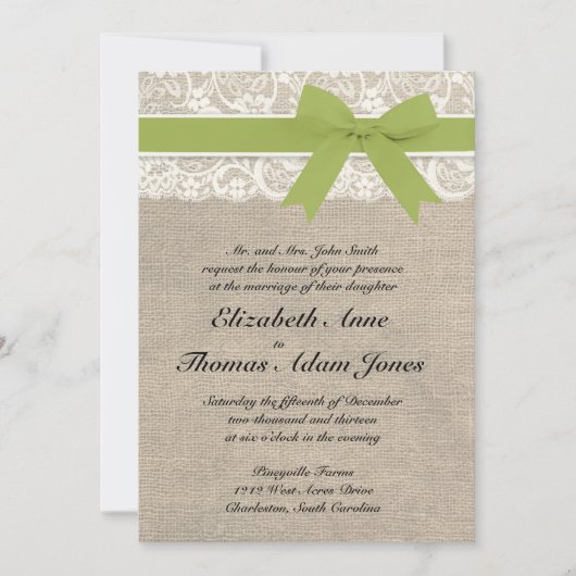 Ivory Lace look Rustic Burlap Invitation - Olive Kaart (Voorkant)