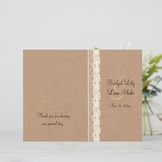 Ivory Lace & Medium Burlap Wedding Programme (Staand voorkant)