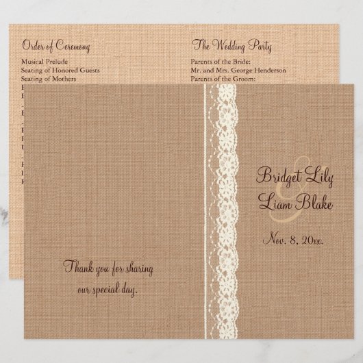 Ivory Lace & Medium Burlap Wedding Programme (Voorkant / Achterkant)