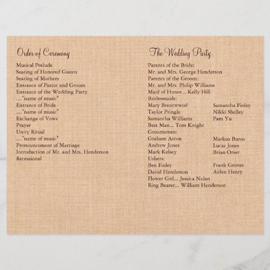 Ivory Lace & Medium Burlap Wedding Programme (Achterkant)