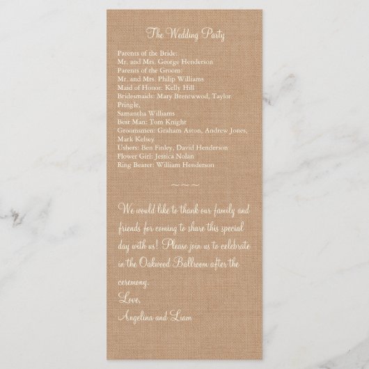  Ivory Lace & Medium Burlap Wedding Programme Programmakaart (Achterkant)