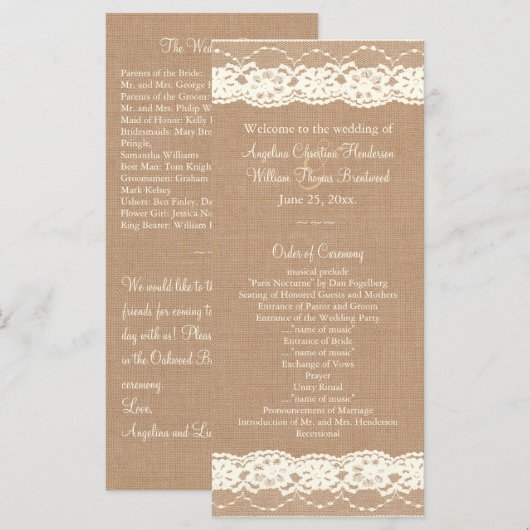  Ivory Lace & Medium Burlap Wedding Programme Programmakaart (Voorkant / Achterkant)