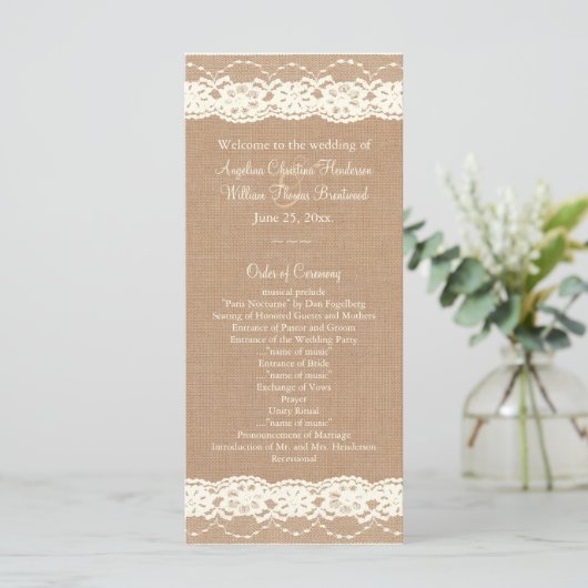  Ivory Lace & Medium Burlap Wedding Programme Programmakaart (Staand voorkant)
