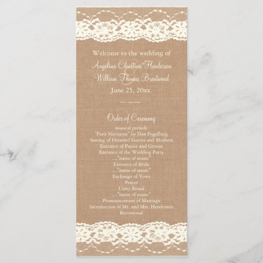  Ivory Lace & Medium Burlap Wedding Programme Programmakaart (Voorkant)