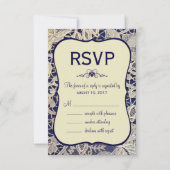 Ivory Lace Navy Blue Formele Huwelijksreactie RSVP Kaartje (Voorkant)