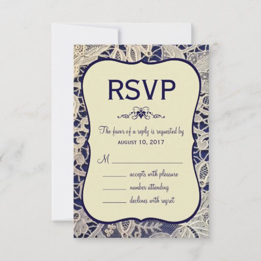 Ivory Lace Navy Blue Formele Huwelijksreactie RSVP Kaartje (Voorkant)