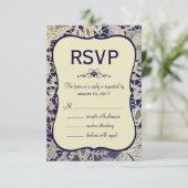 Ivory Lace Navy Blue Formele Huwelijksreactie RSVP Kaartje (Staand voorkant)