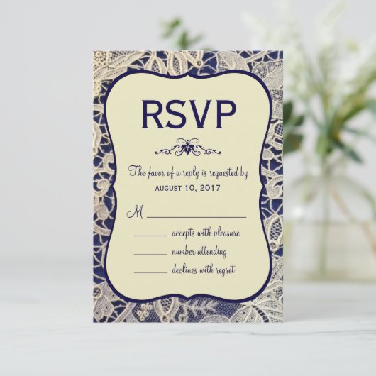 Ivory Lace Navy Blue Formele Huwelijksreactie RSVP Kaartje (Staand voorkant)
