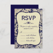 Ivory Lace Navy Blue Formele Huwelijksreactie RSVP Kaartje (Voorkant / Achterkant)