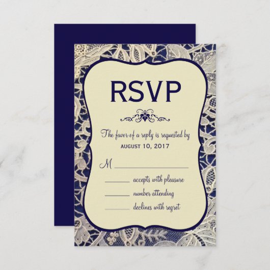 Ivory Lace Navy Blue Formele Huwelijksreactie RSVP Kaartje (Voorkant / Achterkant)