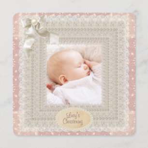Ivory Lace Pink Pearl Girls Pink Foto Christening Kaart