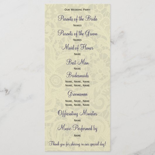 Ivory Lace Royal Navy Blauw Formeel Huwelijksprogr Programmakaart (Achterkant)