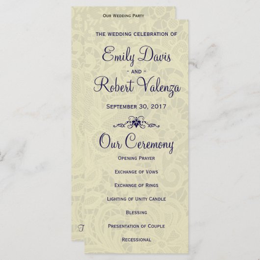 Ivory Lace Royal Navy Blauw Formeel Huwelijksprogr Programmakaart (Voorkant / Achterkant)