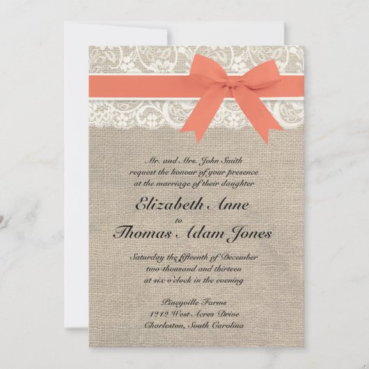 Ivory Lace Rustic Burlap Wedding Invitation - Kora Kaart (Voorkant)
