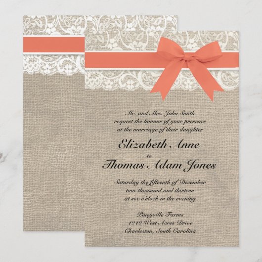Ivory Lace Rustic Burlap Wedding Invitation - Kora Kaart (Voorkant / Achterkant)