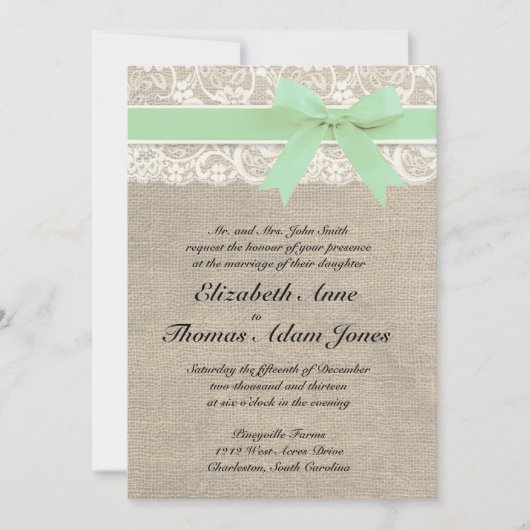 Ivory Lace Rustic Burlap Wedding Invitation - Mint Kaart (Voorkant)