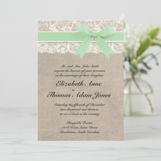 Ivory Lace Rustic Burlap Wedding Invitation - Mint Kaart (Staand voorkant)