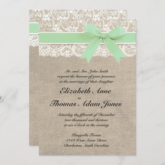 Ivory Lace Rustic Burlap Wedding Invitation - Mint Kaart (Voorkant / Achterkant)