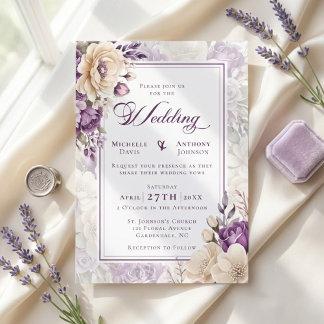 Ivory Lavender Botanical Wedding Kaart