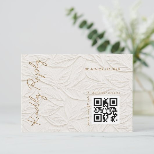 Ivory Leaves Elegant Wedding QR code  RSVP Kaartje (Staand voorkant)