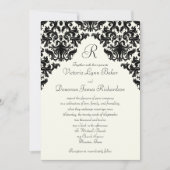 Ivory Linen Black Damask Monogrammed Invite Kaart (Voorkant)