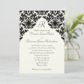 Ivory Linen Black Damask Monogrammed Invite Kaart (Staand voorkant)