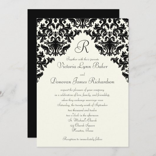 Ivory Linen Black Damask Monogrammed Invite Kaart (Voorkant / Achterkant)