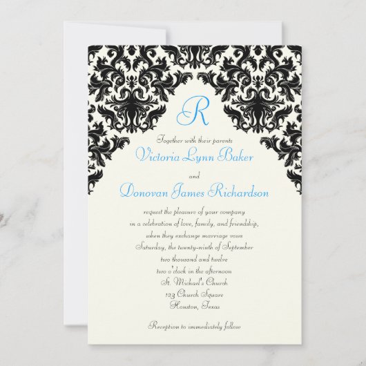 Ivory Linen Black Damask Monogrammed Invite Kaart (Voorkant)
