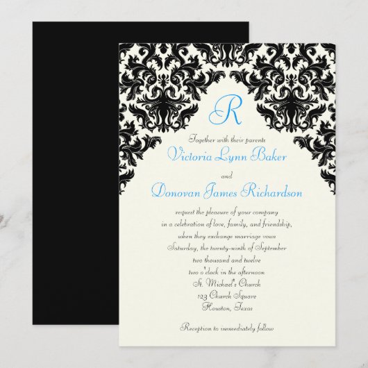 Ivory Linen Black Damask Monogrammed Invite Kaart (Voorkant / Achterkant)