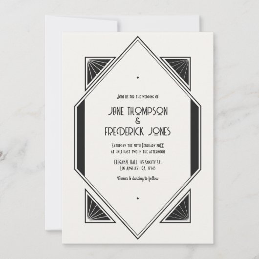 Ivory Linen & Jet Black Art Deco Wedding Photo Kaart (Voorkant)