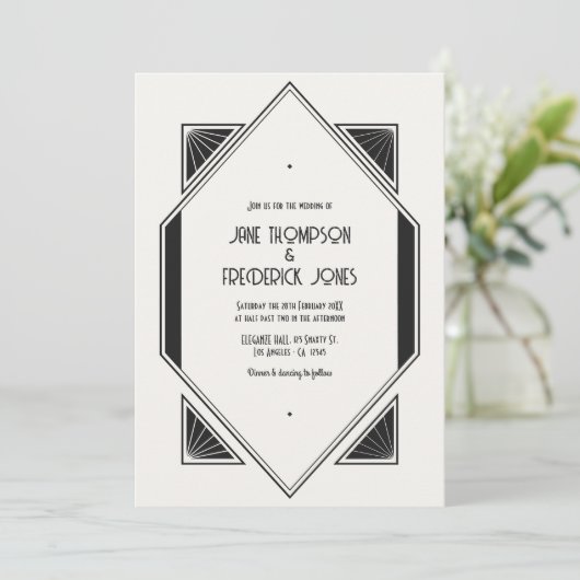 Ivory Linen & Jet Black Art Deco Wedding Photo Kaart (Staand voorkant)