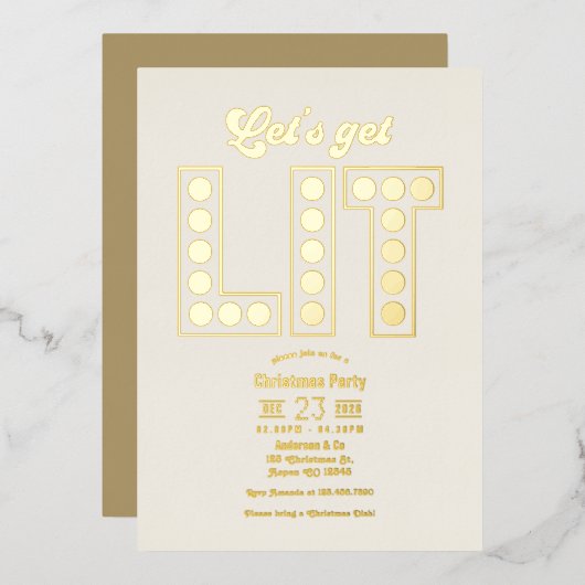 Ivory Luxe Let's Get Lit Retro Christmas Party Folie Uitnodiging (Voorkant / Achterkant)
