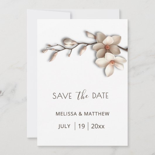 Ivory Magnolia 3D Flowers Save The Date (Voorkant)