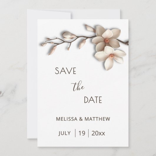 Ivory Magnolia 3D Flowers Save The Date (Voorkant)
