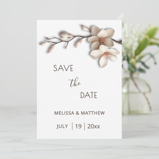 Ivory Magnolia 3D Flowers Save The Date (Staand voorkant)