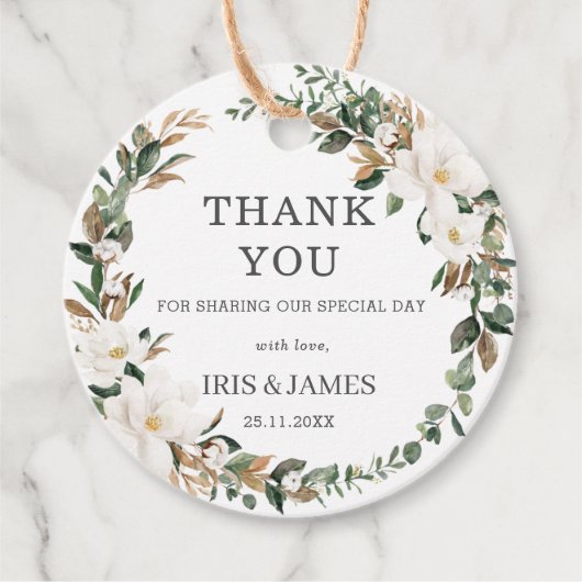Ivory Magnolia Bloemen Groen Bruiloft Dank u Bedankjes Labels (Voorkant)